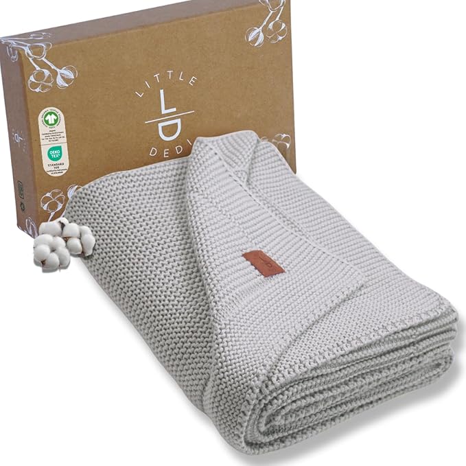 Little Dedi 100% Organic Cotton Baby Knitted Blanket with Gift Box - Soft Toddler, Crib, Stroller Blanket - Neutral Swaddle and Receiving Blanket for Newborns, 30"x40", Harbor Mist