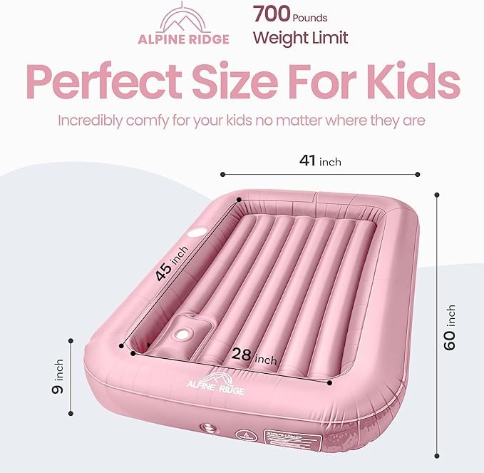 Alpine Ridge - Toddler Travel Bed with Safety Bumpers [4-Sided] | Portable Bed for Kids | Toddler Air Mattress | Kids Air Mattress with Built-in Foot Pump (Pink)