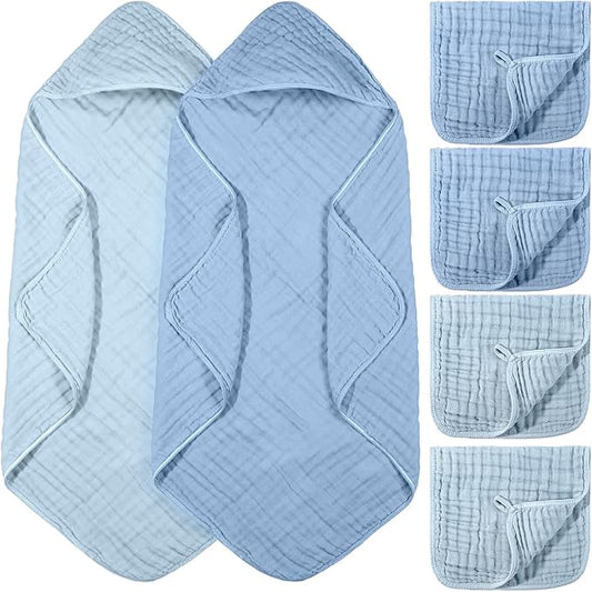 VitalCozy 6 Pcs Baby Muslin Hooded Bath Towels and Washcloths Muslin Cotton Hooded Baby Towels Absorbent Blankets for Gift Newborn Infant Shower (32 x 32 Inch,Mint Blue,Sky Blue)
