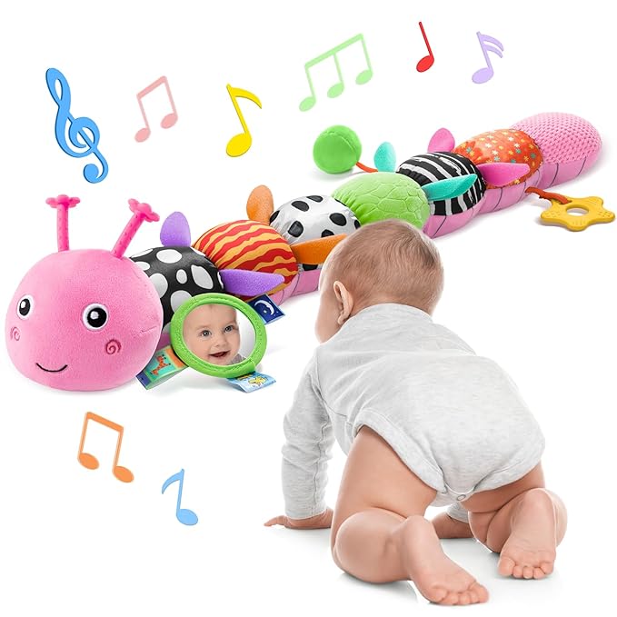 AWOTOY Baby Toys 6-12 Months Music Caterpillar Infant Toys Stuffed Animals 0-3-6 Months Teething Tummy Time Sensory Toys with Mirror Rattle&Pull String for Boys Girls Birthday Gifts|Candy Pink,Leafy