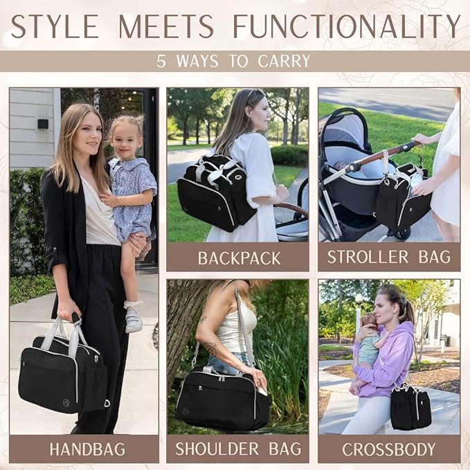 Mellories 4 in 1 Convertible Diaper Bag Tote For Baby Boys and Girls - Converts Into Diaper Backpack, Baby Tote, Stroller Bag and Crossbody Diaper Bag - Black Baby Travel Bag - Gift for Mom