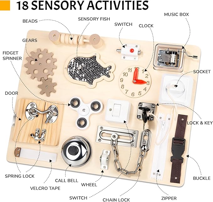 Montessori Busy Board for Toddlers 1 2 3 4 Year Old, Wooden Sensory Toys, Preschool Learning Activities for Fine Motor Skills Travel Toy, Basic Life Skills Educational Gifts for Age 1-3 Kids Boy Girl