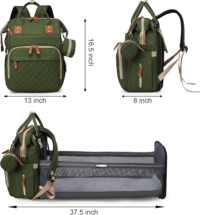 Diaper Bag with Changing Station, Waterproof 3 in 1 Baby Diaper Backpack with Foldable Changing Pad, Large Travel Back Pack for Girl Boy, Green