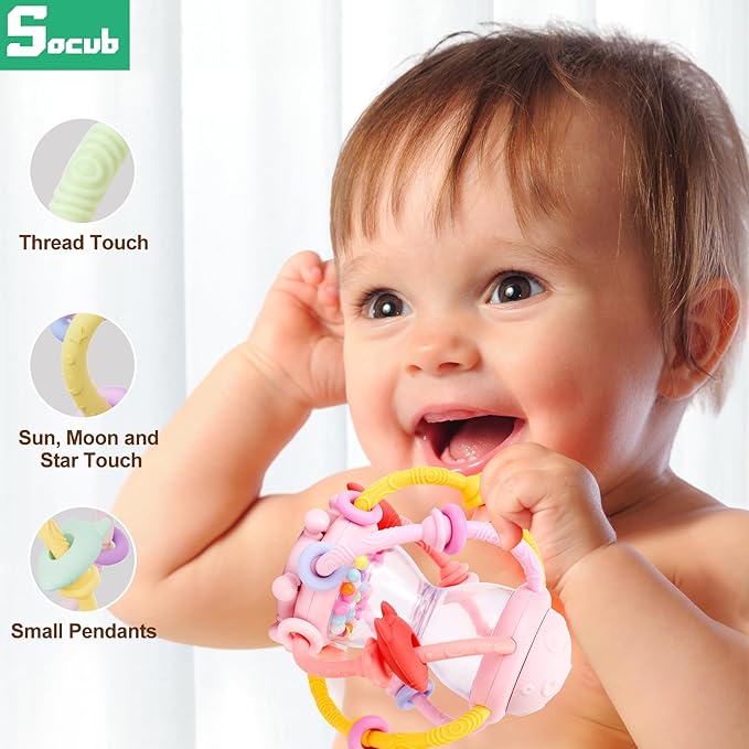 Socub Baby Montessori Sensory Toys for 0-6 6-12 Months, Food Grade Teething Toys for Babies 3-6 6-12 12-18 Months, Newborn Infant Learning Developmental Rattle Toy for 6-12 Months Boys Girls(Pink)