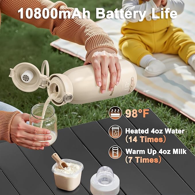 Portable Bottle Warmer, 17Oz Rechargeable & Fast Heating, Adjustable Temperature Control with Keep Warm, Cordless Water Warmer for Travel, Outdoor, Car