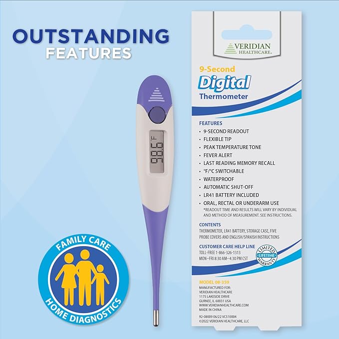 Veridian Digital Thermometer | 9-Second Readout | F C Temperature Modes| Flexible Tip | Hygienic Water-Resistant Easy Cleaning | Storage Case + Instructions Included