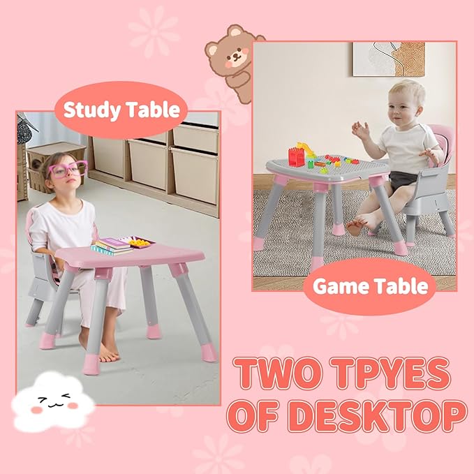 Kinder King 8 in 1 Baby High Chair, Coverts to Dining Booster Seat/Kids Table & Chair Set/Toddler Building Block Table/Kids Stool, Removable Tray & Double Seat Cover, Easy to Wipe, Grey & Pink
