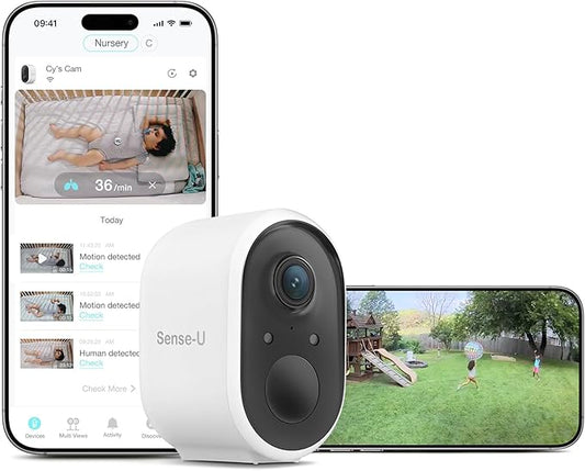 Sense-U Battery Baby Monitor Smart Security Camera, Indoor/Outdoor Use, AI Breathing Detection, 1080p Video Monitor, Weatherproof Wireless Camera, 2-Way Audio, No Monthly Fee