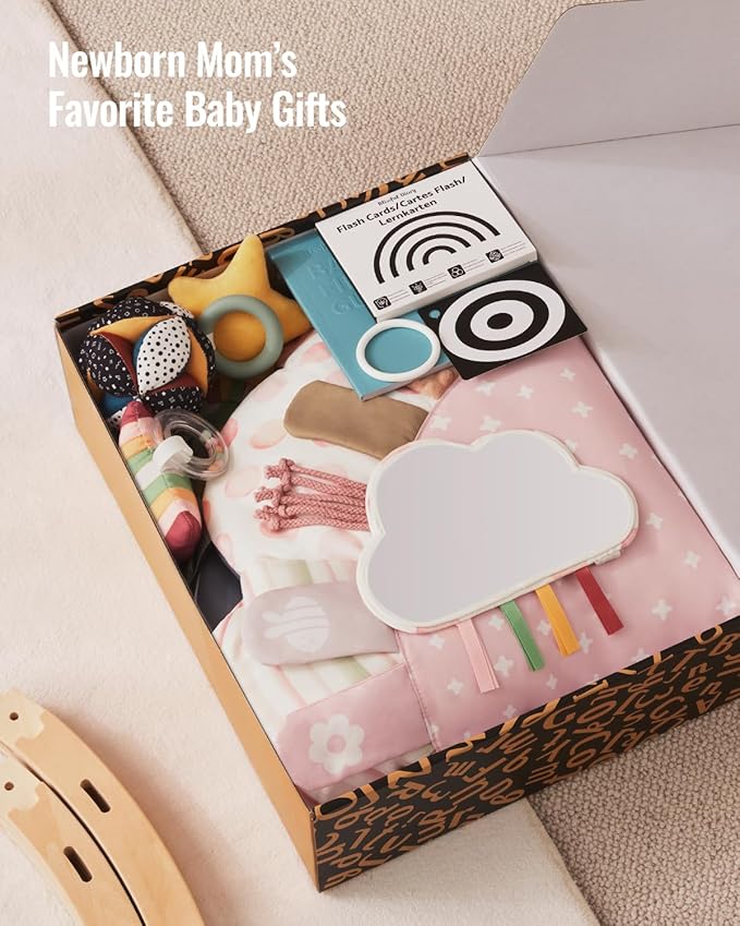 Blissful Diary Baby Play Gym & Activity Mat, 5 Developmental Zones Wooden Tummy Time Mat with 5 Detachable Sensory Toys for Motor Skills & Sensory Development, Baby Essentials Shower Gift, Pink Flower