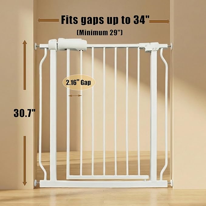 Walk Through Baby & Dog Gate 29-34 Inch, Pressure Mounted No Drilling, Indoor Safety Gate for Stairs & Doorways, Metal Design for Kids and Pets, White