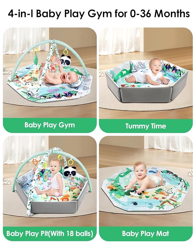 dearlomum 4-in-1 Interactive Activity Mat,Baby Play Mat with 6 Learning Toys, Motor Skill Development,Ball Pit with 18 Ocean Balls