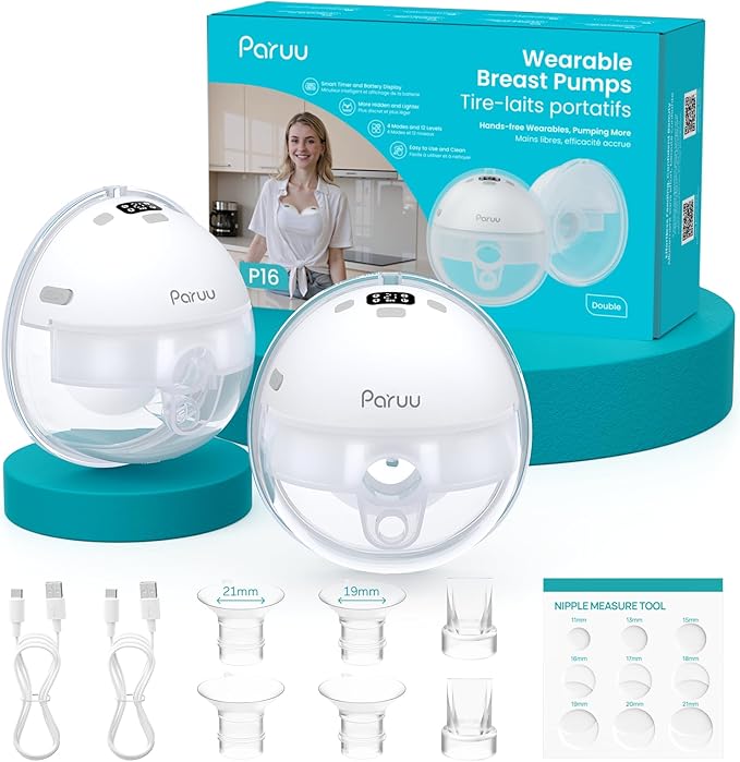 Paruu Hands Free Breast Pump P16, Wearable Breast Pump Electirc Portable with 4 Modes & 12 Levels, Max 309mmHg Strong Suction 19/21/24mm Flange Inserts Wearable Breastfeeding Pump, 2 Pack White