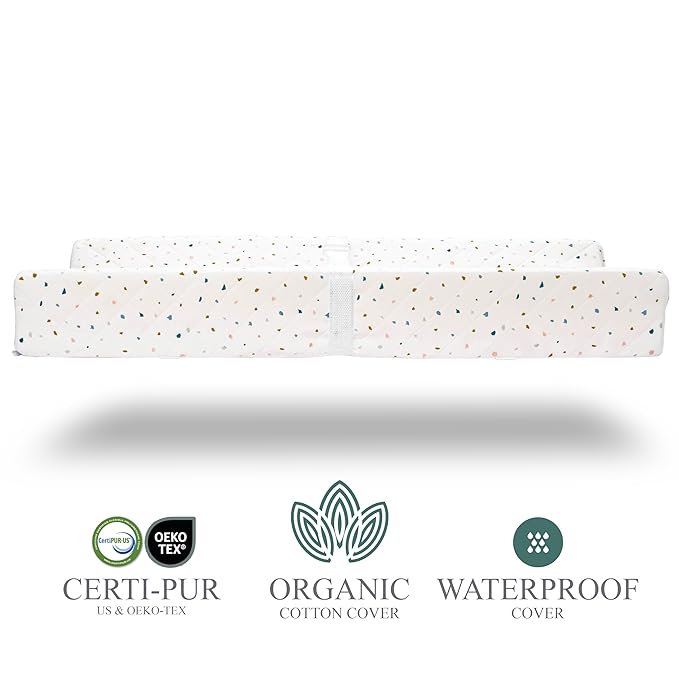 Organic Cotton Contoured Baby Changing Pad w/Waterproof Foam Mattress, Includes Soft, Removable & Washable Cover, Safety Strap, Non-Slip Bottom, Topper for Standard Size Infant Diaper Table & Dresser