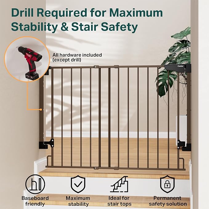 Cumbor 29.2–43" Baby Gate for Stairs, Wall-Mounted (Drill Required), Expandable No Bottom Bar Dog Gate, Auto Close Extra Wide Walk Thru, Pet & Toddler Proof Gate, Top & Bottom of Stairways (Brown)