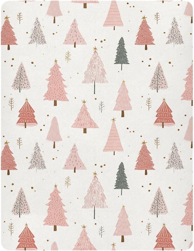 Pfrewn Christmas Crib Sheets for Boys Girls Pink Pastel Christmas Trees Star Gold Glitter Fitted Crib Sheet for Mini Crib Mattress Stretch Soft Winter Pattern Toddler Baby Playard Sheet,39x27IN