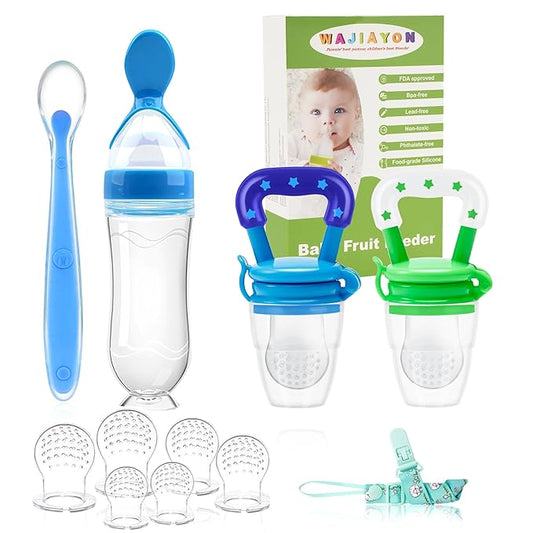 WAJIAYON Baby Fruit Feeder Pacifier - 5 Pack | 2 Baby Food Feeder Pacifier & 1 Infant Food Dispensing Spoon | Fresh Fruit Teethers for Babies | Shower Gifts for Boys and Girls (Blue & Green)