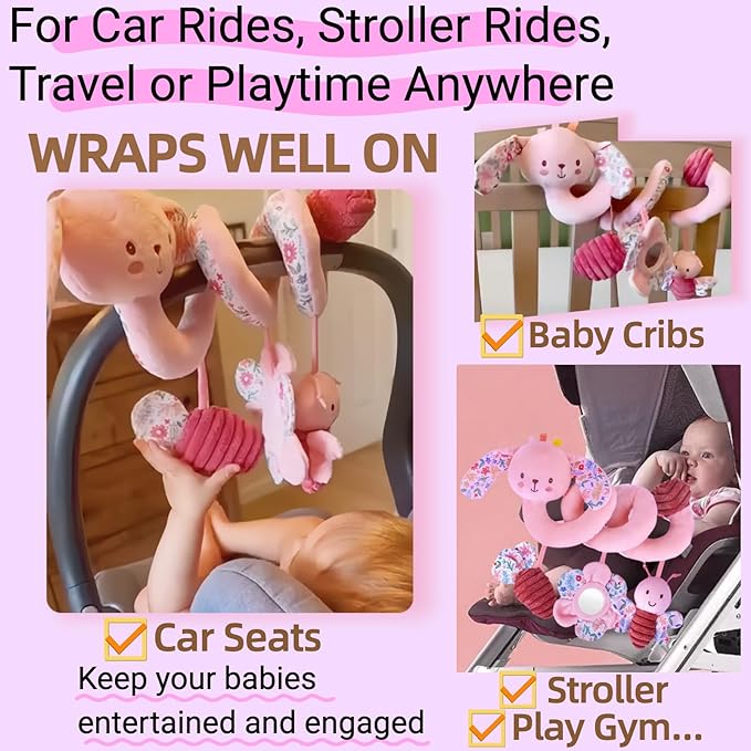 Spiral Car Seat Toy for Babies 0-6-12 Months Girl, Stroller Hanging Baby Toys 0-3-4-5-7 Month Old Newborn Infant Valentines Day Gift Travel Carseat Mirror Crinkle Bunny Easter Basket Stuffers