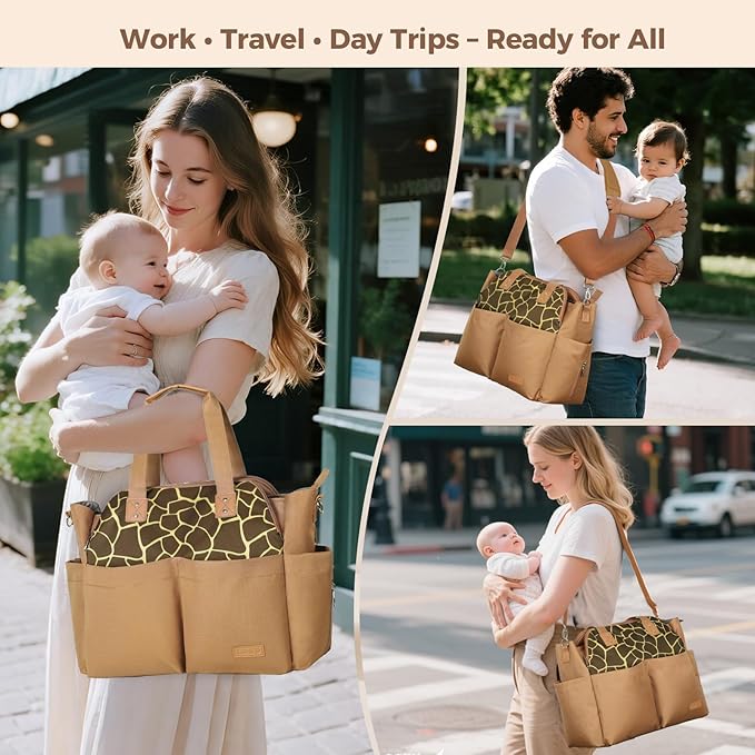 Lekebaby Diaper Bag Tote for Baby - 17 Pockets Large Travel Diaper Tote with Portable Changing Pad, Mom Crossbody Hospital Bag for Labor Delivery, Waterproof, Baby Essentials for Newborn Gifts, Brown