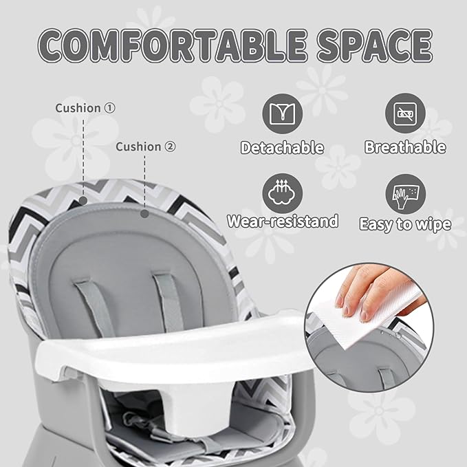 Kinder King 8 in 1 Baby High Chair, Coverts to Dining Booster Seat/Kids Table & Chair Set/Toddler Building Block Table/Kids Stool, Removable Tray & Double Seat Cover, Easy to Wipe, Wavy Grain