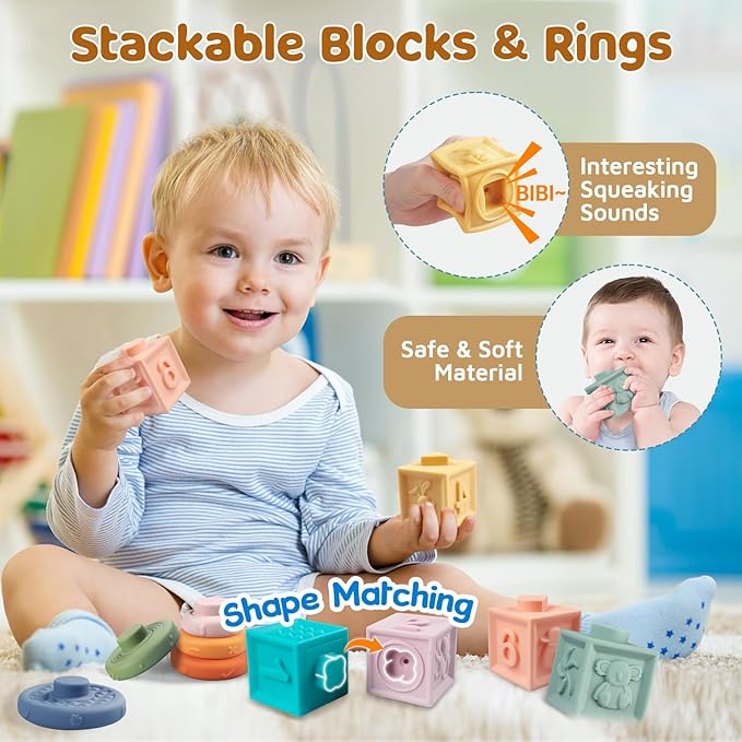 6 in 1 Montessori Baby Toys for 1 Year Old, Toddlers Sensory Teething Toys for Babies, Wooden Stacking Building Blocks Shape Sorter, Xylophone Musical Toy, Educational Birthday Gift for Kids 1 2 3