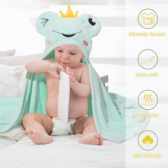 WODHOY Baby Towels with Hood,2-Pack Baby Towels with Hood for Toddlers 1-3 0-5 Years, Super Soft Thick Absorbent Premium Coral Fleece Bath Towels Kids 50"x32",Green Frog & White Sheep Set