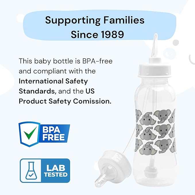 Hands-Free Baby Bottle - Anti-Colic Nursing System 9 oz Baby Bottle with Fast Flow Nipple/Teat 3m+ with Tube Straw Feeding System for Toddler (2 Bottles - Elephant)