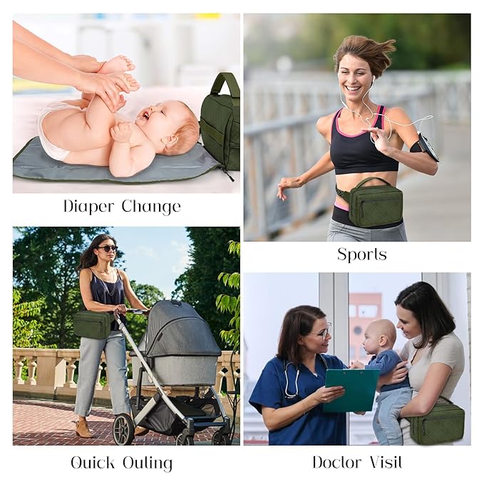 Small Diaper Bag with Portable Changing Pad, Mini Crossbody Diaper FannyPack with Wipes Pocket, Women Waist Bag for Travel (Quilted Olive Green, Large)
