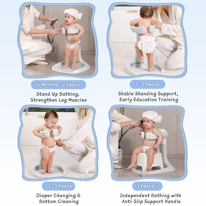 Foldable Baby Shower Stand, Toddler Bath Standing Support with Anti-Slip Base and Shower Holder, Adjustable 5 Levels Height, Ideal Gift for Infants 6-36 Months-Grey