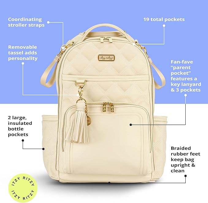 Itzy Ritzy Diaper Bag Backpack – Large Capacity Boss Plus Baby Backpack Diaper Bag Featuring 19 Pockets, Changing Pad, Stroller Clips, and Comfortable Straps (Milk & Honey)