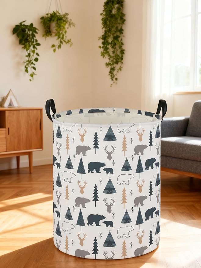 ESSME Kids Laundry Basket,Bear Hamper Collapsible Canvas Waterproof Storage Bin forBoys, Woodland Hamper,Gift Baskets(Bear)