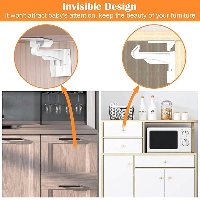 6 Pack Upgraded Invisible Baby Proofing Cabinet Latch Locks - No Drilling or Tools Required, Children Proof Cupboard Drawers Latches, Works with Most Cabinets and Drawers - Adhesive Easy Installation