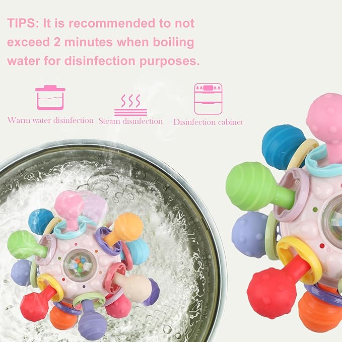 Baby Sensory Teething Toys - Baby Teether & Rattle - Gifts for Infant Newborn Boys Girls 0 3 6 9 12 18 Months - Toddler Montessori Educational Learning Toys (Pink)