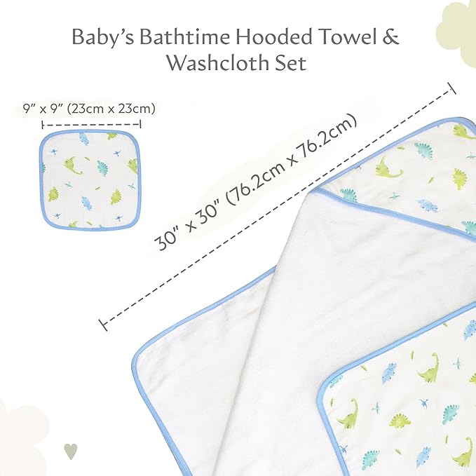 Bamboo Viscose Baby Hooded Towel & Washcloth Set for Babies and Toddlers, Soft & Absorbent, 70% Viscose from Bamboo, 30% Cotton Muslin - Imported (Dinosaur)
