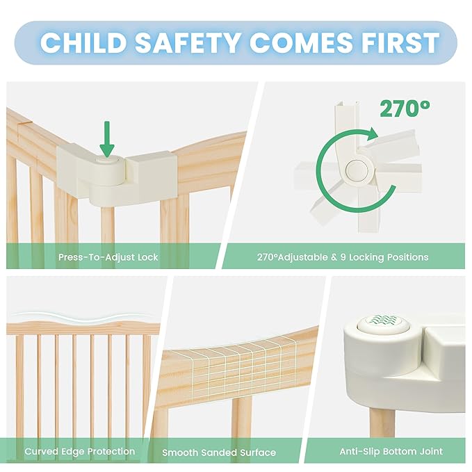 Foldable Wooden Playpen - Adjustable Wood Baby Play Yard with Door, Indoor Large Safety Fence for Babies and Toddlers - Easy Assembly, 10 Panels, Nature Nest