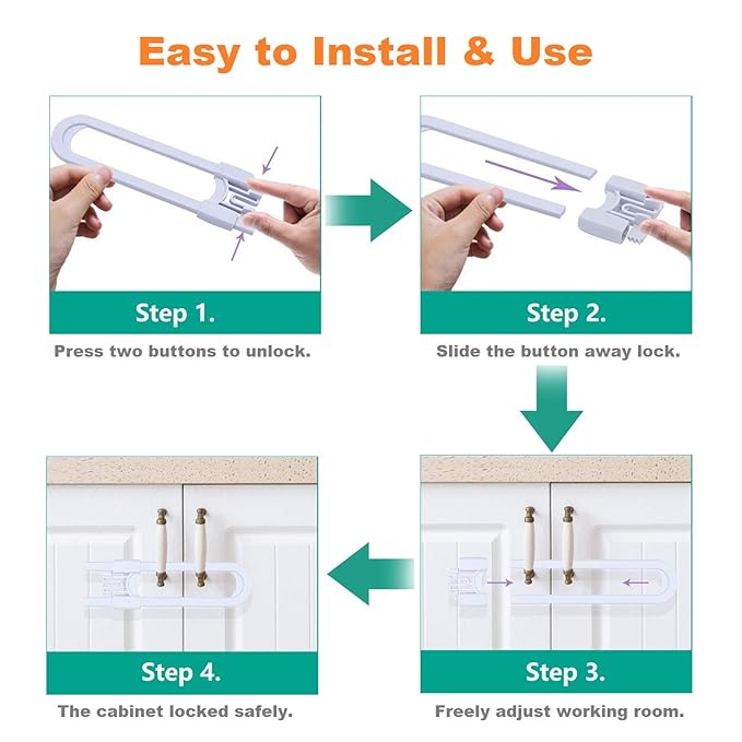 Sliding Cabinet Child Safety Locks - OKEFAN Baby Proofing Cabinet Lock Cupboard Latches for Kids on Closet Door Knobs Handles Pulls No Drill (10, White)