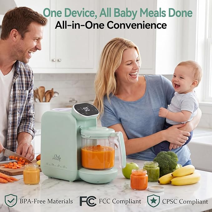 Chefhandy Baby Food Maker with Stainless Steel Steam Basket, One Step 5-in-1 Baby Food Processor Steamer Blender & Steam Cleaning, Auto Cooking, Puree & Baby Warmer with 6 Food Pouches, BPA-Free,Green