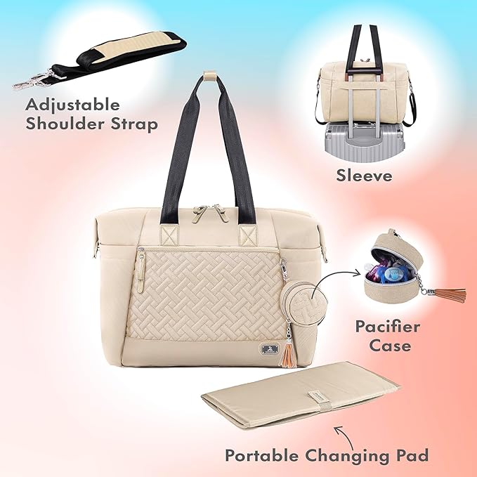 Dikaslon Diaper Bag Tote, Large Travel diaper tote for Mom and Dad, Multifunction baby tote bag for Boys and Girls with Pacifier Case and Changing Pad, White