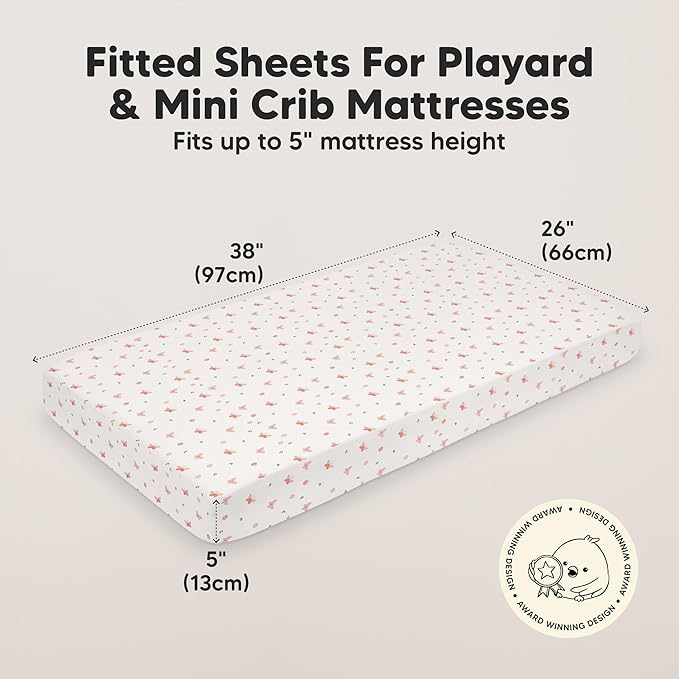 2-Pack Mini Crib Sheets Fitted - 38x26 Pack N Play Sheets for Pack and Play Mattress, Organic Cotton, Soft & Breathable Playard Bedding, Neutral Mini Toddler Bed Cover for Boys, Girls (Butterflies)