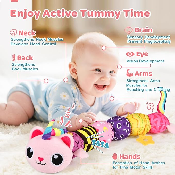 Baby Toys 0-6 6-12 Months, Sensory Musical Animal Stuffed Plush Unicorn Cat Toy for Infant 0-3-6 Months & Up, Tummy Time with Mirror Crinkle Rattle, Christmas Baby Shower Gifts for Newborn Boys Girls