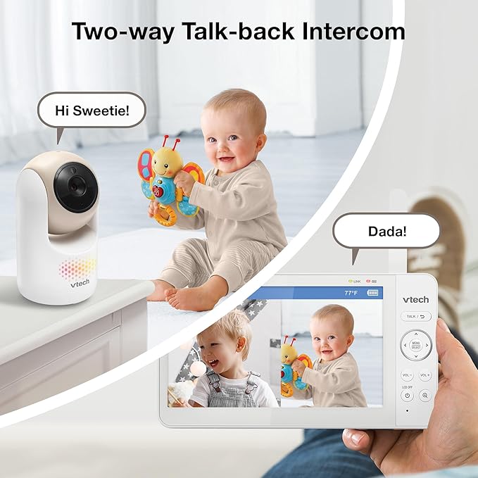 VTech 2-Cameras Video Baby Monitor with 7" Color LCD Screen, Rechargeable Battery, Video and Audio Streaming, Pan-Tilt-Zoom, Touch Multi-Color Night Light, Two-Way Talk: Advanced Max Twin (Tan)