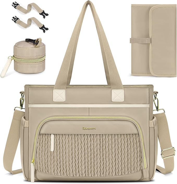 RAINSMORE Diaper Bag Tote, Large Diaper Baby Bag Waterproof Multifunctional Diaper Bag with Pacifier Case & Changing Pad