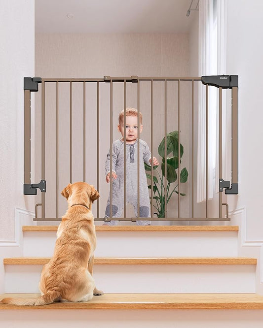 Cumbor 29.2–43" Baby Gate for Stairs, Wall-Mounted (Drill Required), Expandable No Bottom Bar Dog Gate, Auto Close Extra Wide Walk Thru, Pet & Toddler Proof Gate, Top & Bottom of Stairways (Brown)