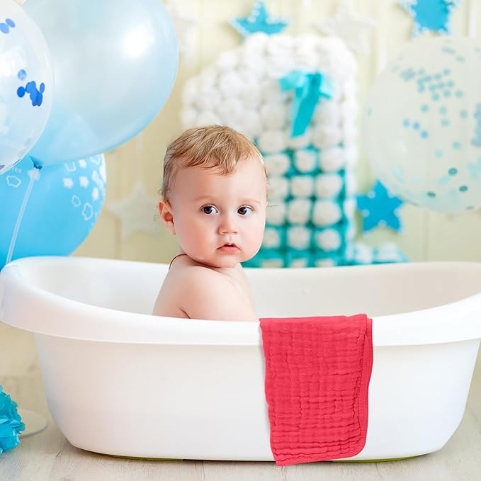 VitalCozy 6 Pcs Baby Muslin Hooded Bath Towels and Washcloths Muslin Cotton Hooded Baby Towels Absorbent Blankets for Gift Newborn Infant Shower (32 x 32 Inch,Cherry Red,Coral)