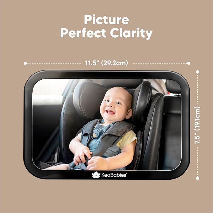 KeaBabies Shatterproof Baby Car Mirror, Backseat - Large Safety Car Seat Mirror for Baby Rear Facing, 360 Crystal Clear View, Accessories for Removable Headrest, Easy Install & Adjust (Sleek Black)