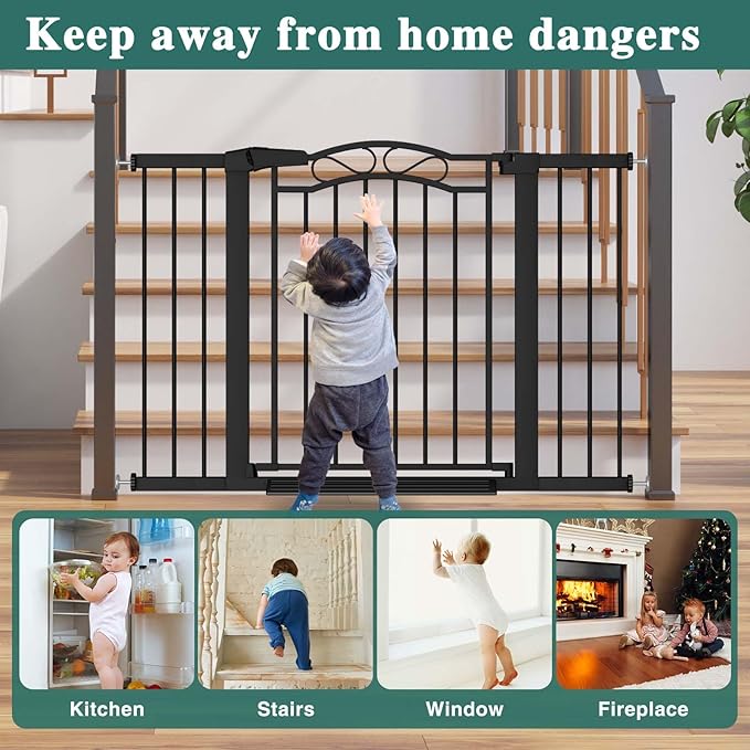 Fairy Baby 54.4"-57.0" Extra Wide Baby Gate with Door, 55 56 57 Inches Walk THR Baby Gates for Stairs Pressure Mounted no Drill, Indoor Tension Metal Child Pet Dog Safety Gate for Kids, Black
