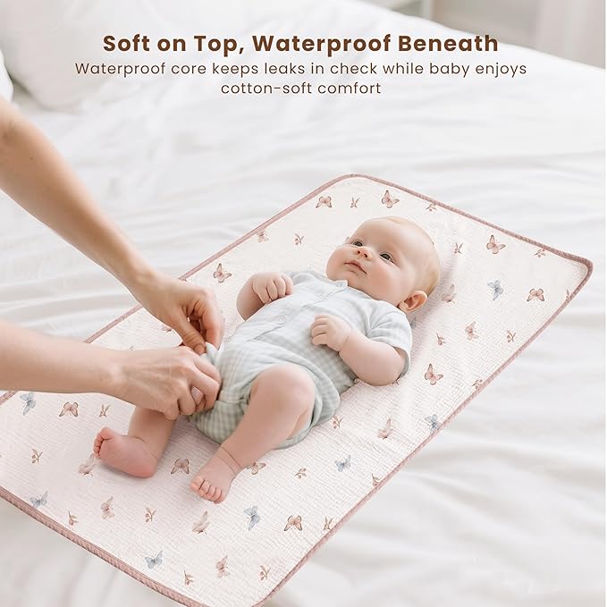 Konssy 2 Pack Waterproof Muslin Cotton Portable Changing Pad 30"x 17", Soft & Foldable Baby Changing Mat Travel Pad with Terry Backing, Shower Gift for Newborn Girls Boys (Taupe,Butterfly Dreams)