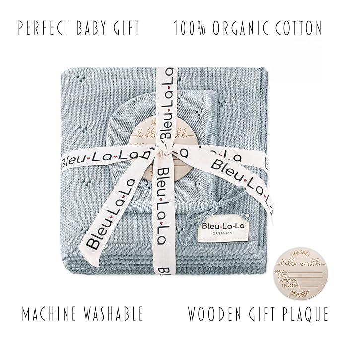 Bleu La La Baby Gift Set - Organic Cotton Newborn Blanket Essentials, Thoughtful Baby Shower & New Baby Gift for Boys & Girls (Pointelle - Powder Blue)