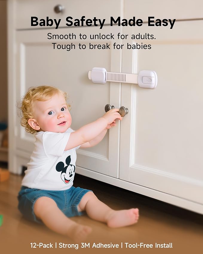 Infinno 12 Pack Cabinet Locks Baby Proofing Heavy Duty - Child Safety Cabinet Locks for Drawers, Cupboards & Fridge – No Drill 3M Adhesive Locks for Pets - Toddler Safety Latches