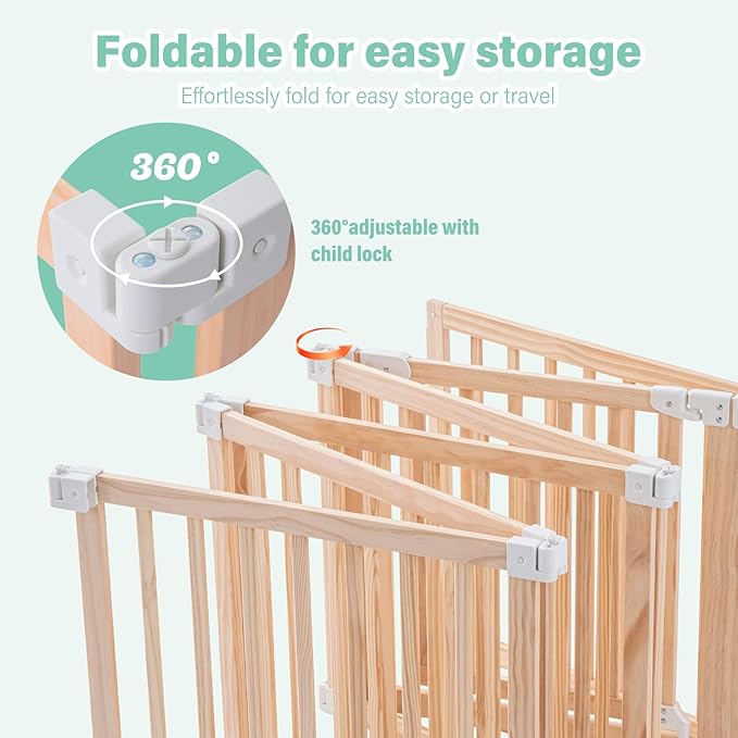 Foldable Wooden Playpen-51x51x25in-Large Baby Gate Playpen with Child-Proof Lock-Easy Assembly, Portable Design for Babies & Toddlers- Shape& Size Adjustable Baby Fence Play Area (Wood, 6 Panel)