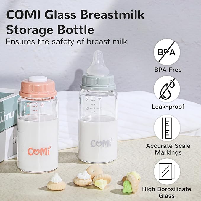 COMI Natural Glass Baby Bottle,Standard Neck Breastmilk Storage Bottle for Fridge,Breast Milk Container,Breast Pump Bottle Compatible with Medela Breast Pump,BPA Free,6PCS (5oz,6 Pink Lids)